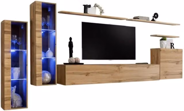 Composizione murale SWITCH XI – Mobile TV, vetrine sospese, cubo e scaffali – Rovere Wotan – Design moderno