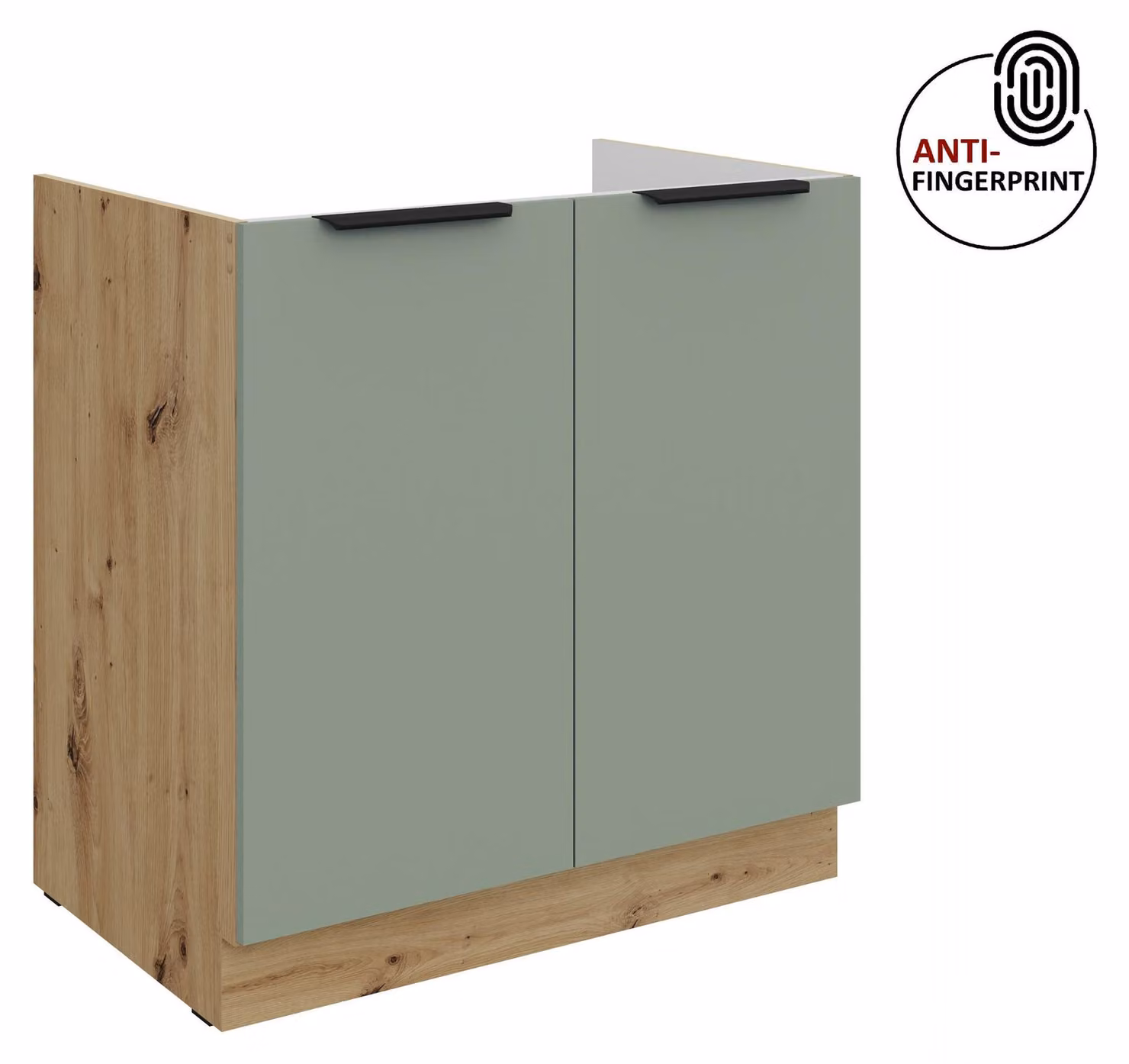 Mobile sottolavello da 80 cm per cucina ARIA, colore acquamarina ultra opaco + rovere Artisan opaco, frontali di alta qualità con rivestimento anti-impronta; blocco cucina