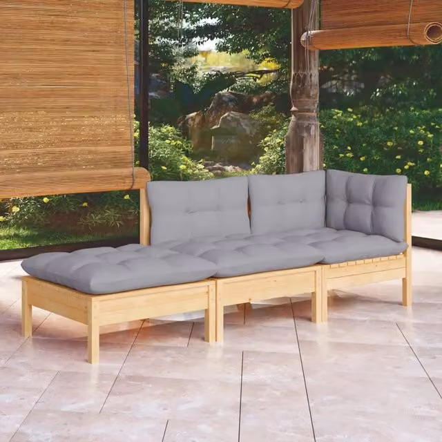 Set di Divani da Giardino a L vidaXL in Legno di Pino con Cuscini Grigi – 1