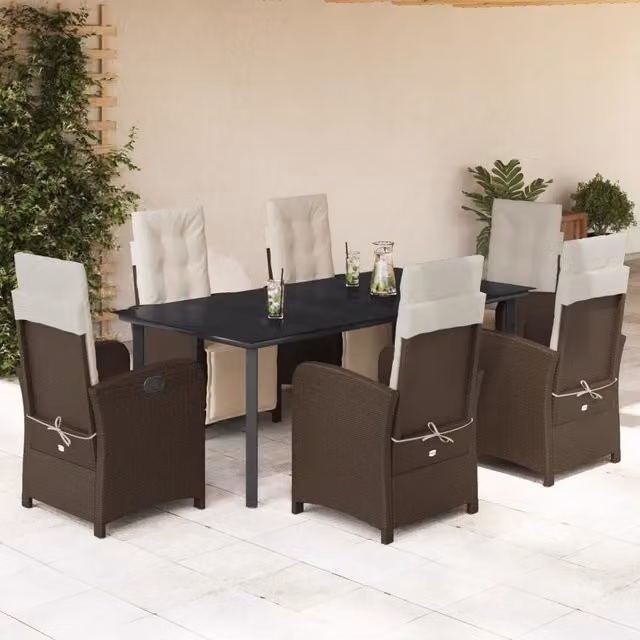 Set da pranzo da giardino vidaXL in polyrattan marrone con tavolo rettangolare in vetro e 7 pezzi con cuscini – 1