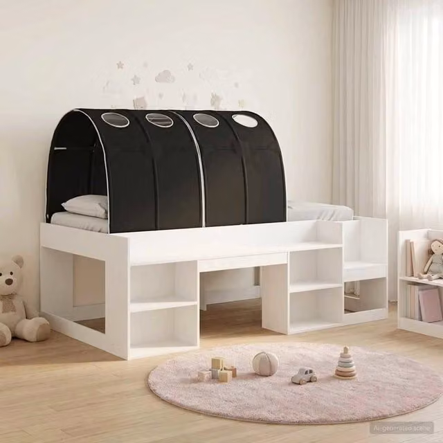 Letto singolo rialzato per bambini vidaXL con scomparti laterali in legno bianco e nero L: 203 cm, P: 120 cm, H: 118.5 cm – 1
