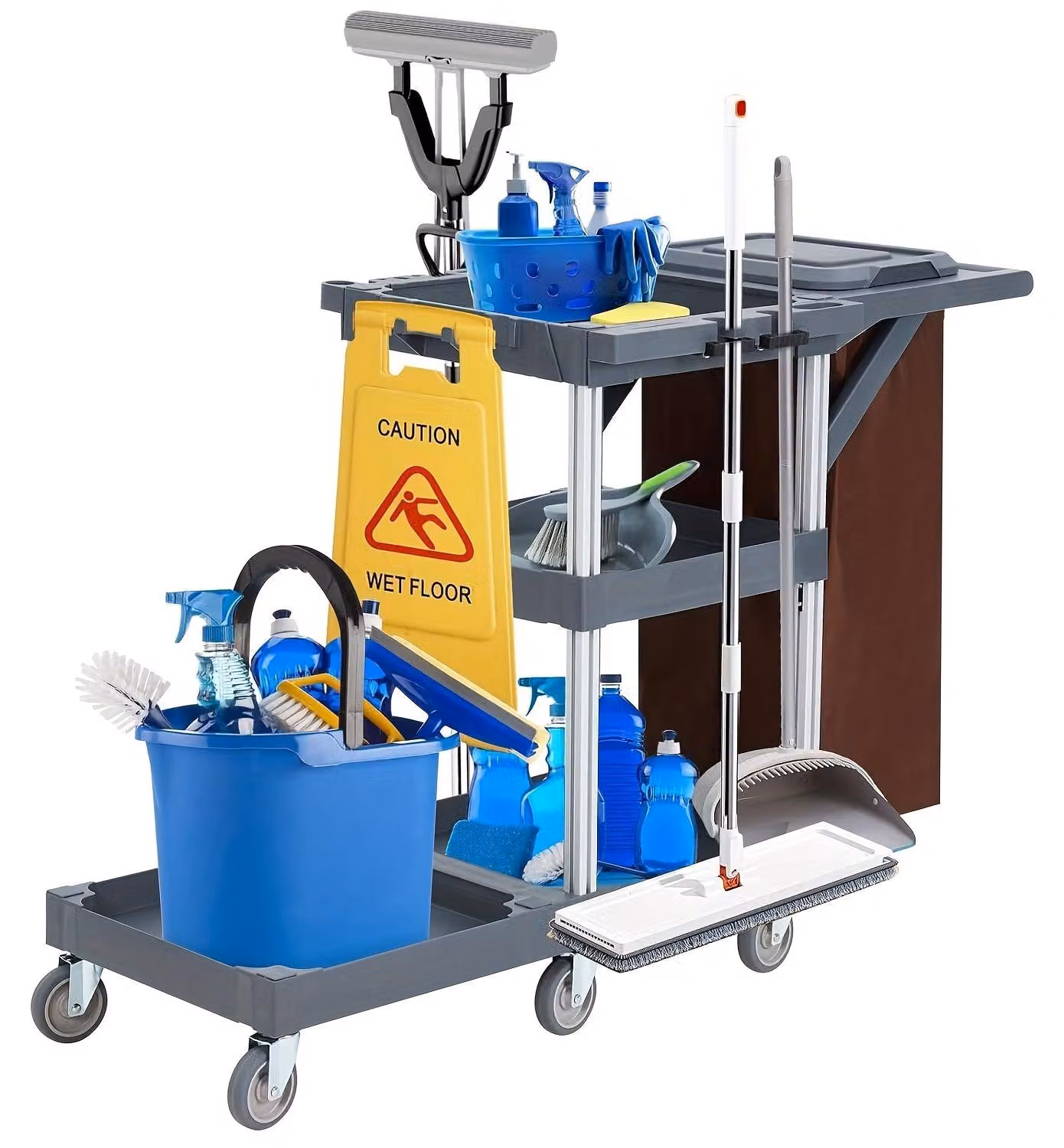 Carrello per la pulizia, professionale, con 3 ripiani, capacità di carico di 136 kg e vano portaoggetti con cerniera