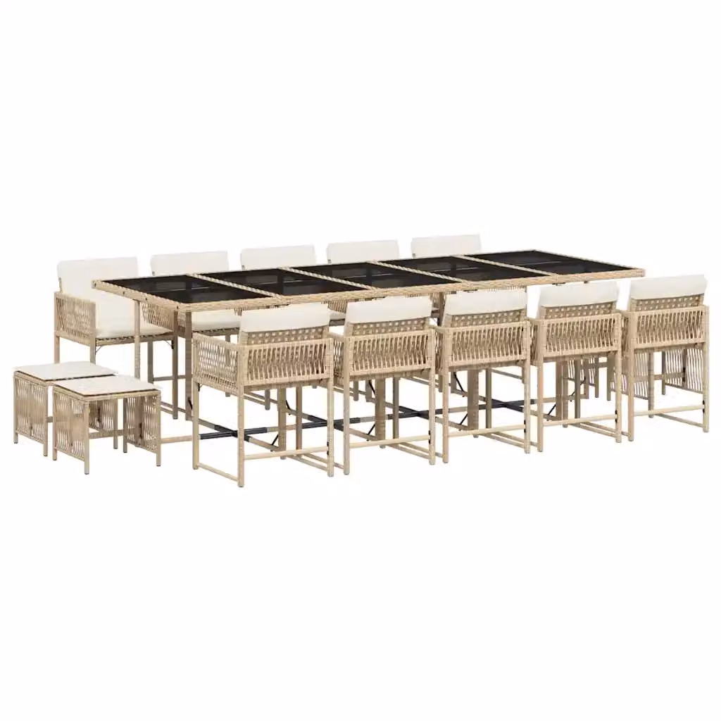 Set da pranzo da giardino vidaXL in polyrattan con cuscini beige e tavolo in vetro, 15 pezzi – 2