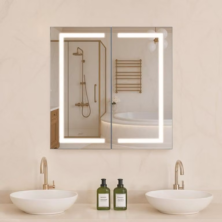 Specchio da bagno con armadietto illuminato - 65 x 65 cm - LED dimmerabili - Antiappannamento