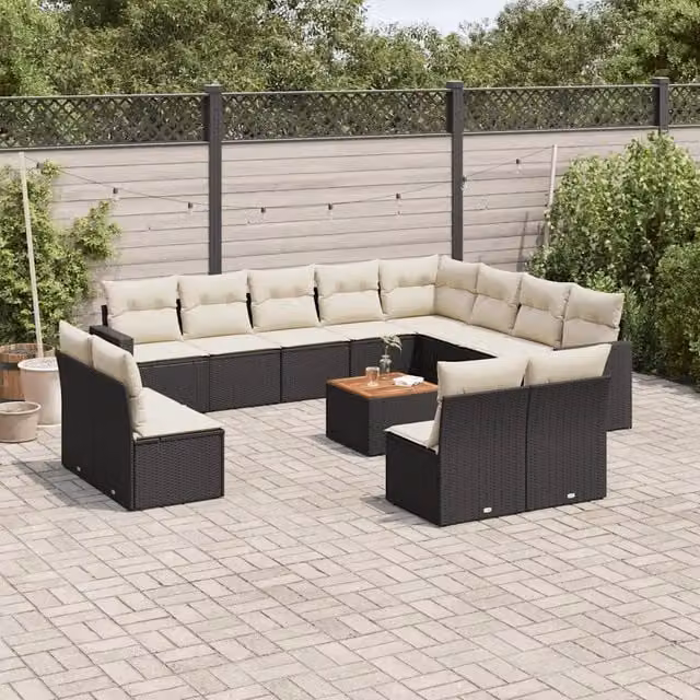 Set di divani da giardino a forma di U vidaXL in polyrattan nero con cuscini e tavolino da esterno – 1