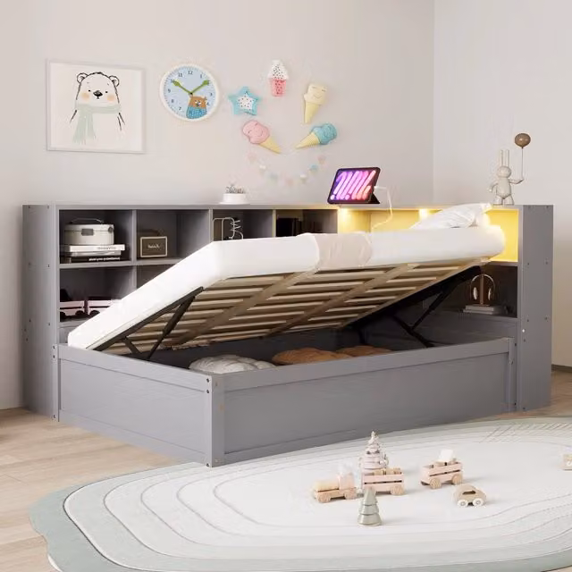 Divano letto singolo 90x200 cm con vani contenitore; presa multifunzione e luci LED; grigio