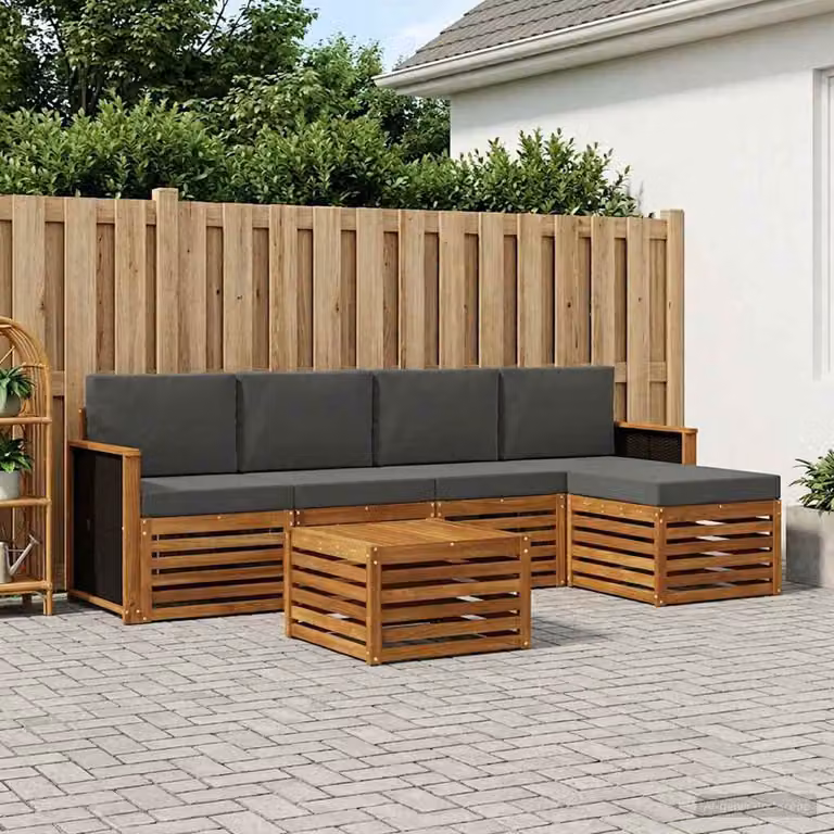 Set di divani da esterno vidaXL a forma di L in legno di acacia con tavolino e pouf, 6 pezzi, Beige e Antracite