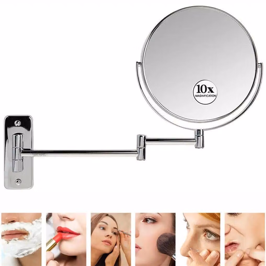 Specchio da trucco da parete - Specchio da bagno rotondo - Doppio lato con ingrandimento 10x - Inclinabile a 360° - Diametro 20 cm - Cromato argento