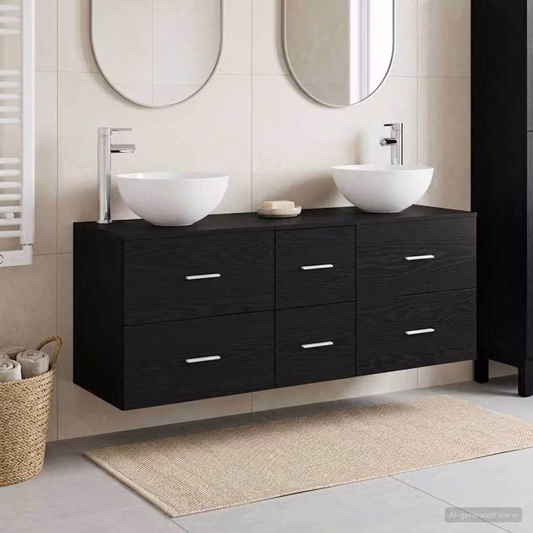 Set di 3 mobili da bagno moderni vidaXL in legno nero opaco, L 129 cm x P 35 cm x H 80 cm