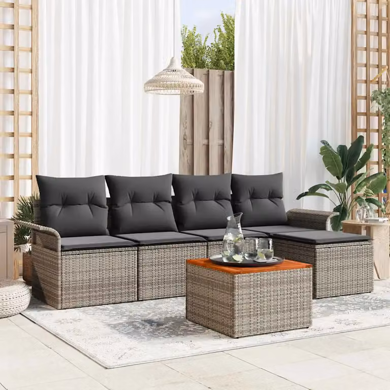 Set Divano da Giardino a L vidaXL 6 pz Grigio con Tavolino e Ottoman in Polyrattan e Acciaio