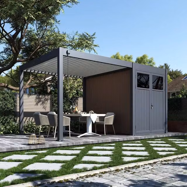 Pool house A&B con ombra in alluminio e WPC grigio, L: 5 m, P: 3 m