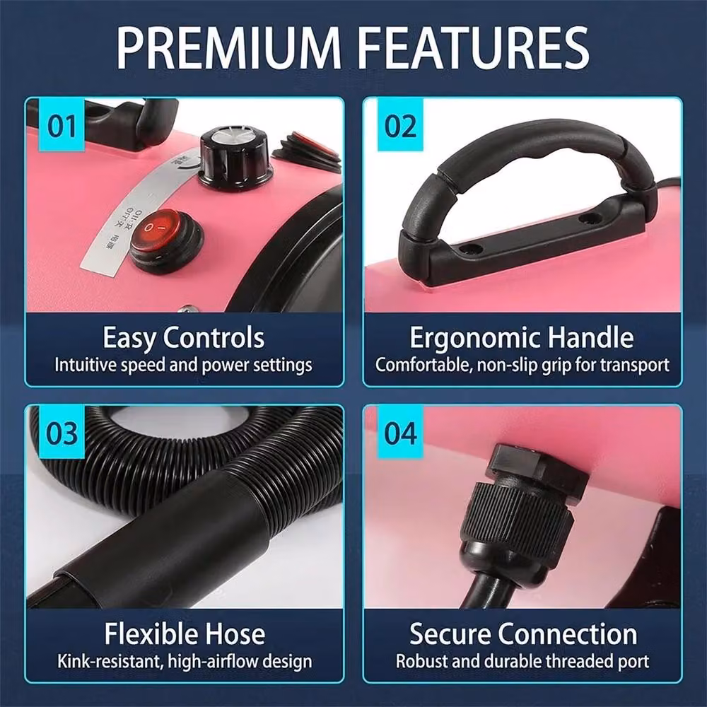 Asciugacapelli per cani - Soffiatore professionale per il pelo - 2800 W - Funzione riscaldante - Velocità e temperatura regolabili - Motore silenzioso - 4 ugelli - Rosa