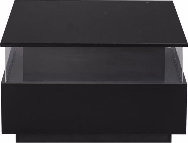 Tavolino da caffè moderno nero lucido 70x70x41 cm con LED, 2 cassetti e vano trasparente in acrilico