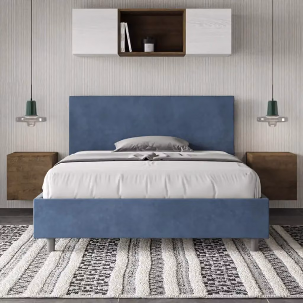 Letto matrimoniale francese con contenitore imbottito Ityhome Adele in microfibra blu L: 140 cm, P: 210 cm – 2