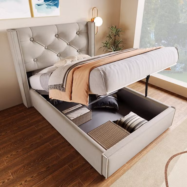 Letto imbottito 90x200 cm con letto estraibile, illuminazione LED, prese USB e di tipo C, rivestito in velluto color grigio chiaro, divano letto con poggiatesta e schienale