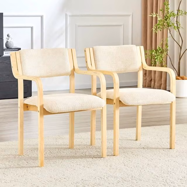 Set di 2 sedie da pranzo MINIMAL con braccioli in tessuto boucle e legno in stile scandinavo, colore beige/bianco