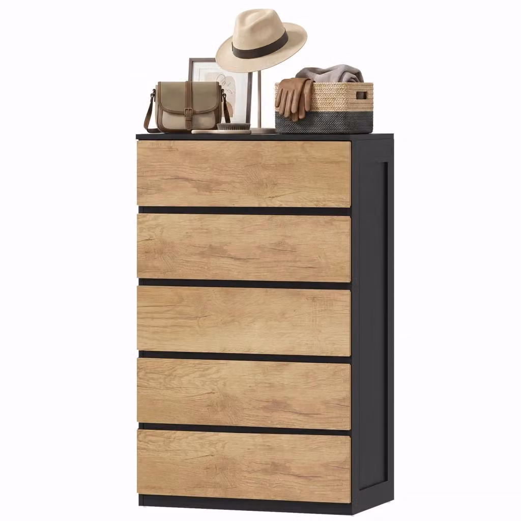 Cassettiera in legno con 5 cassetti e design moderno, L: 60 cm, P: 39 cm, H: 100 cm, Nero e Marrone – 2