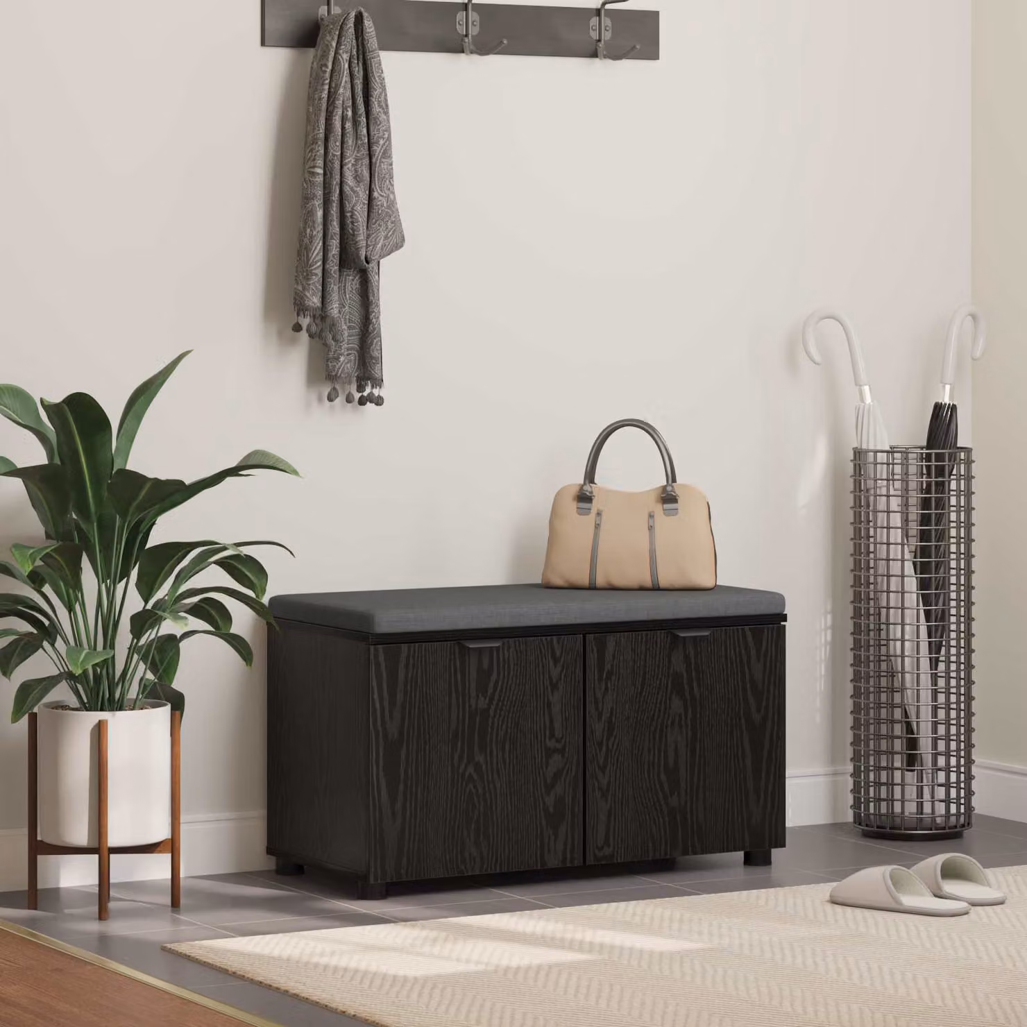 Panca per ingresso con scarpiera vidaXL in rovere e nero con cuscino grigio, L: 80 cm, P: 38 cm, H: 46 cm