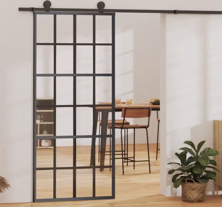 The Living Store Porta scorrevole ESG in vetro e alluminio 90x205 cm Nero