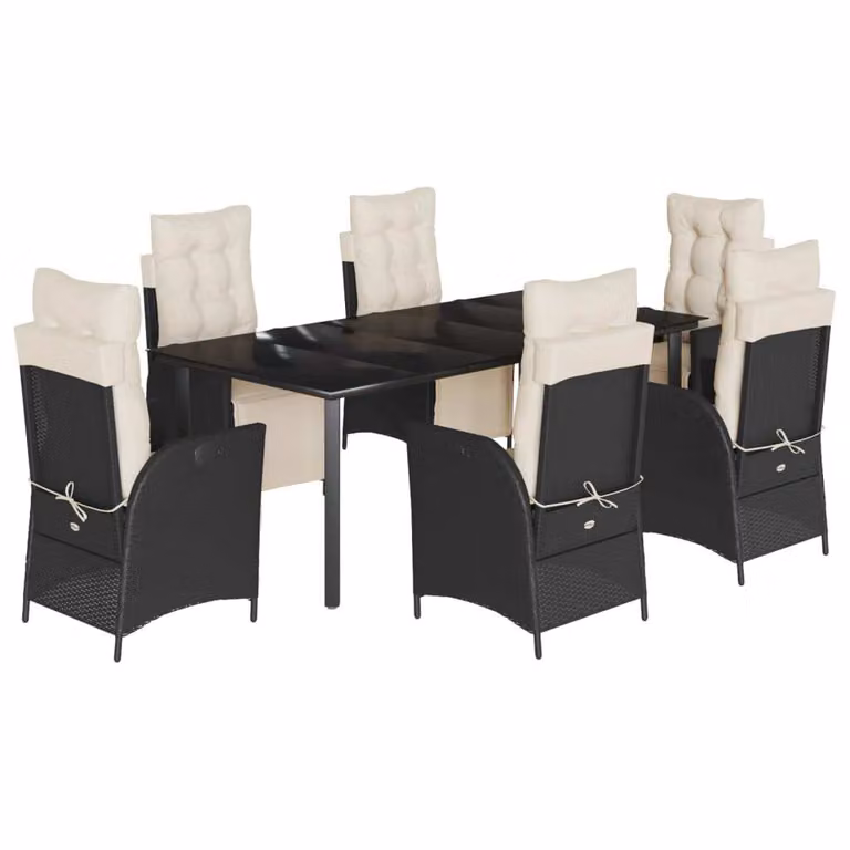 Set da Pranzo da Giardino 7 pz Nero con Cuscini in Polyrattan