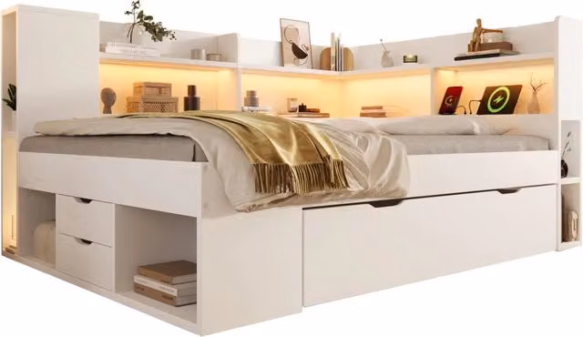 Letto matrimoniale 140x200 cm con LED; USB-C; cassetti e materasso; MDF e truciolare; bianco