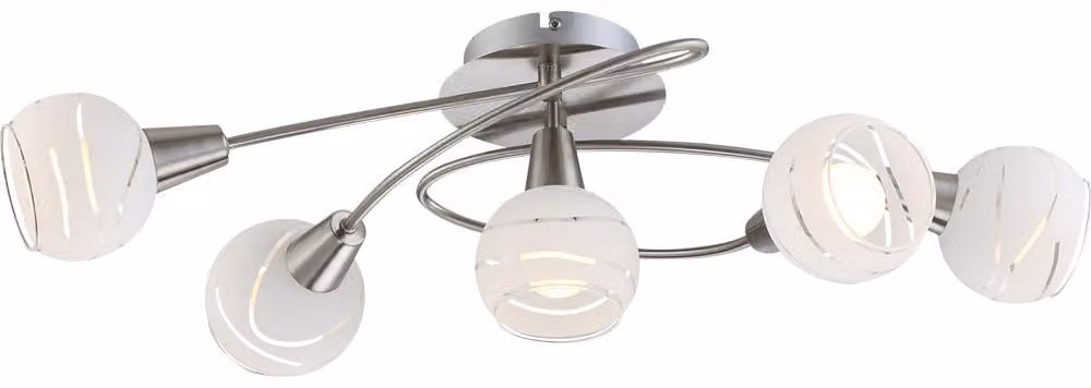 Plafoniera LED, 5 fiamme, vetro bianco, nichel opaco, L 62,4