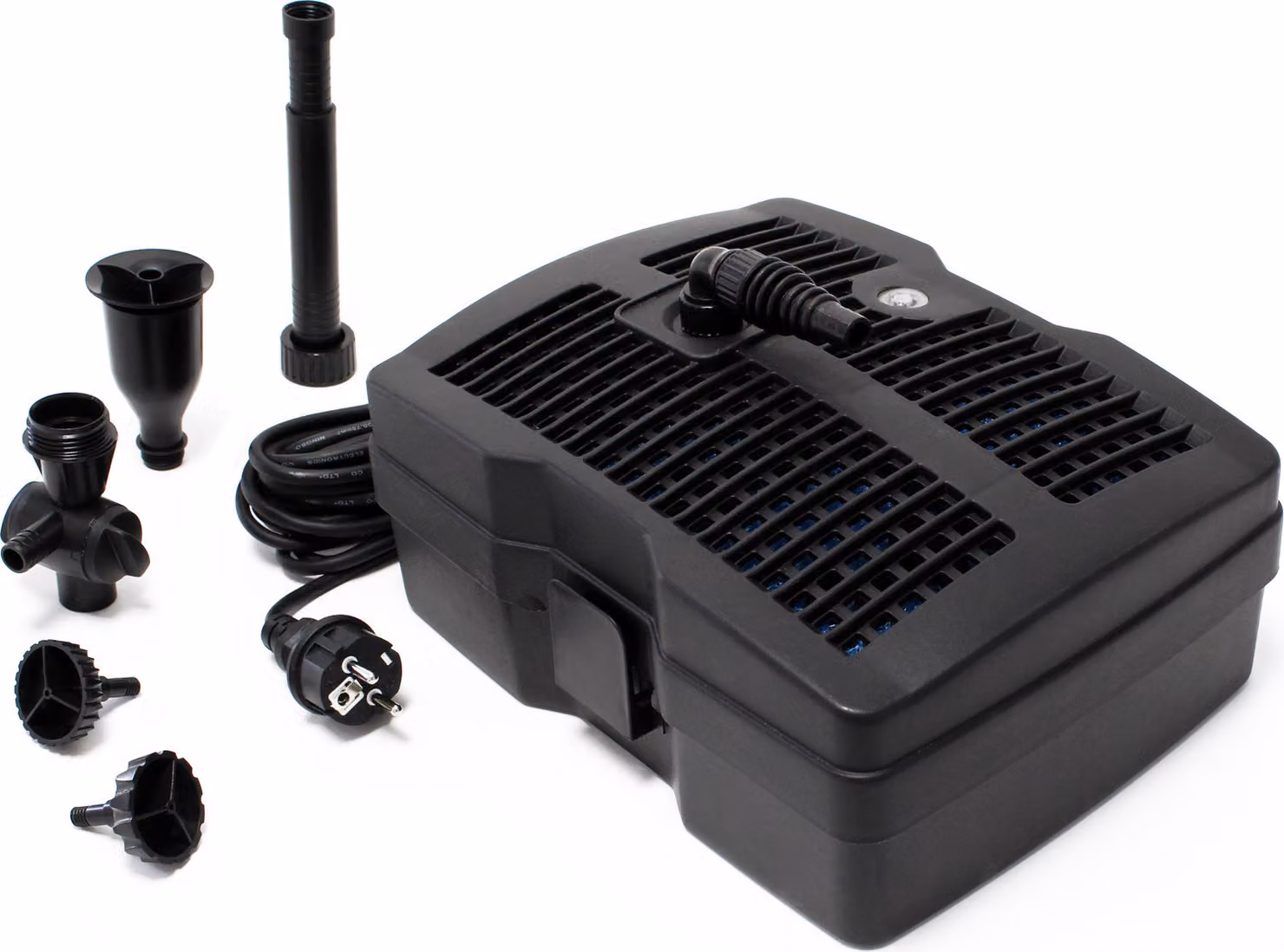 SunSun CUF-5000 filtro 3in1 con 3 accessori per fontane 2000l/h 42W, chiarificatore UVC 9W e 3 stadi di filtraggio inclusi i materiali filtranti, pompa per laghetti a fontana