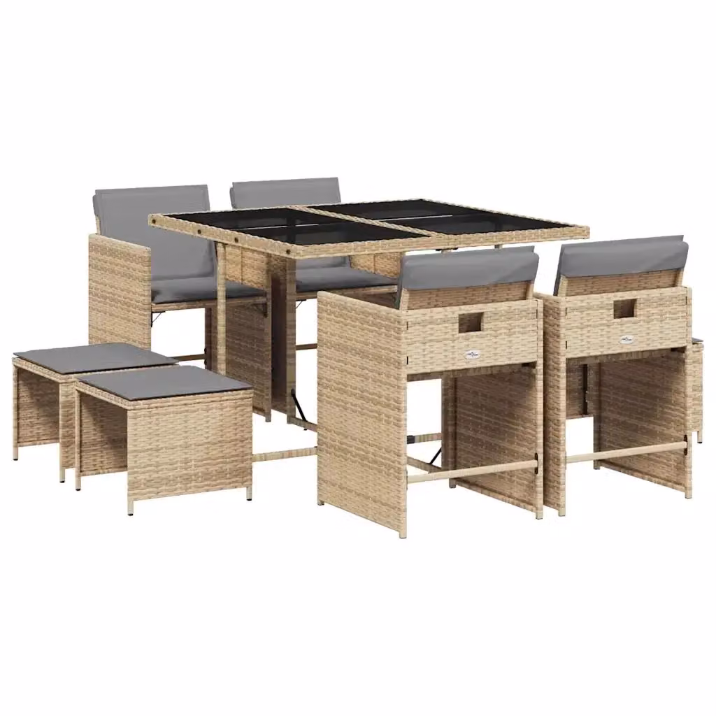 Set Pranzo da Giardino vidaXL in Polyrattan da 9 Pezzi con Cuscini Beige Misto e Tavolo in Vetro – 2