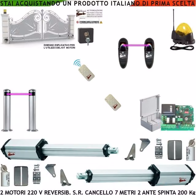 Cancello da 7 Metri 2 Ante da 3,5 Metri Kit Automatismo Motori 230 V Stelo Retrattile Reversibile Corsa Stelo 600 mm Spinta 250 Kg Centrale 2 Coppie Fotocellule 2 Radiocomandi FaroAntenna Selettore