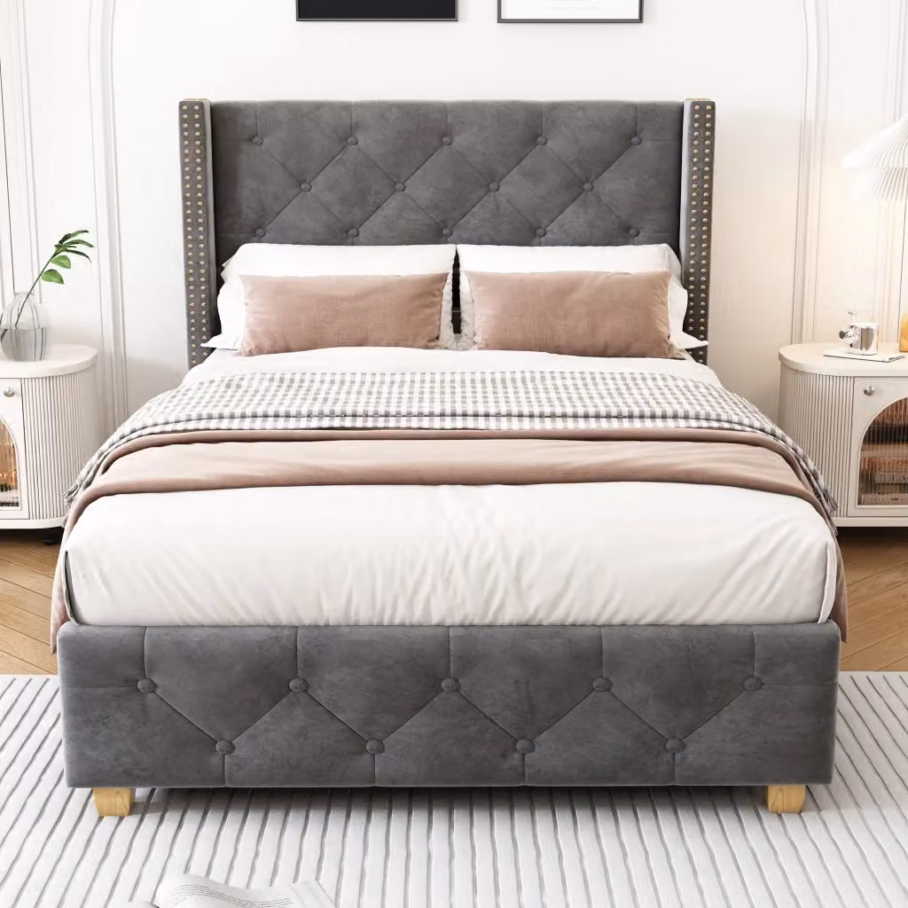 Letto Singolo Chicfurn Imbottito in Velluto Grigio L/P/H: 200 x 90 x 108 cm – 2
