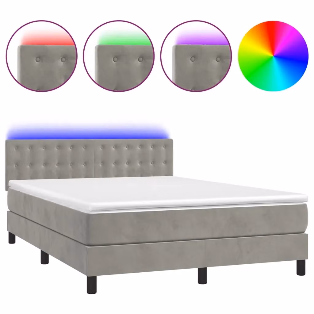 Letto a Molle Ibrido vidaXL in Velluto Grigio con Illuminazione LED e Porta USB, L/P: 140 x 190 cm – 2