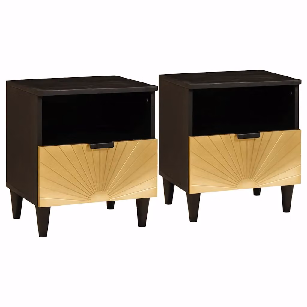 Set di 2 Armadi da Notte vidaXL in Legno di Acacia e Mango, Colore Nero e Oro, L 40 cm x P 33 cm x H 46 cm