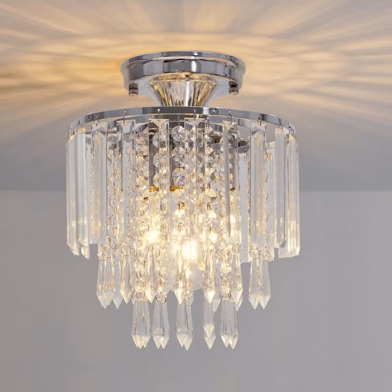 Lampada a soffitto in cristallo, attacco E27, 3 luci, diametro 23 cm, finitura cromata