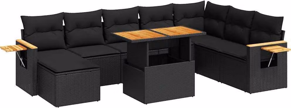Set Divani da Giardino 9 pz con Cuscini Nero Polyrattan Acacia