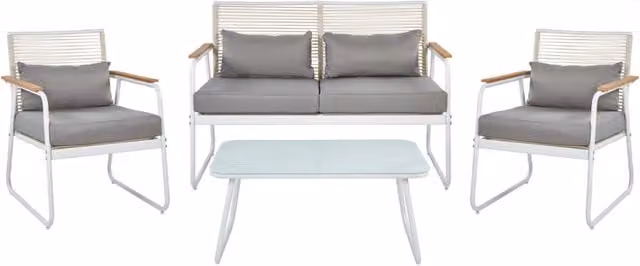 Set da giardino Beliani in acciaio bianco con cuscini grigi, salotto moderno da 4 posti con divano, poltrone e tavolino da caffè
