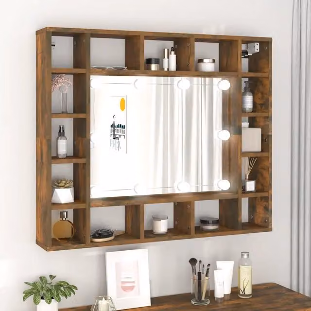 Mobile a Specchio con LED-Armadietto a Specchio Rovere Fumo 91x15x76,5 cm