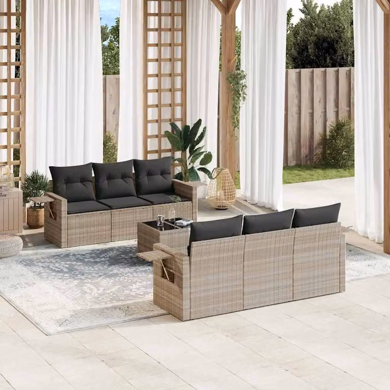 vidaXL Set Divani da Giardino 7pz in Polyrattan Grigio con Cuscini e Tavolino