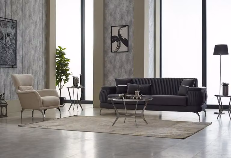 Sofagarnitur Dreisitzer Sofa Stoffsofa Polstersofa Grau Sessel 2tlg