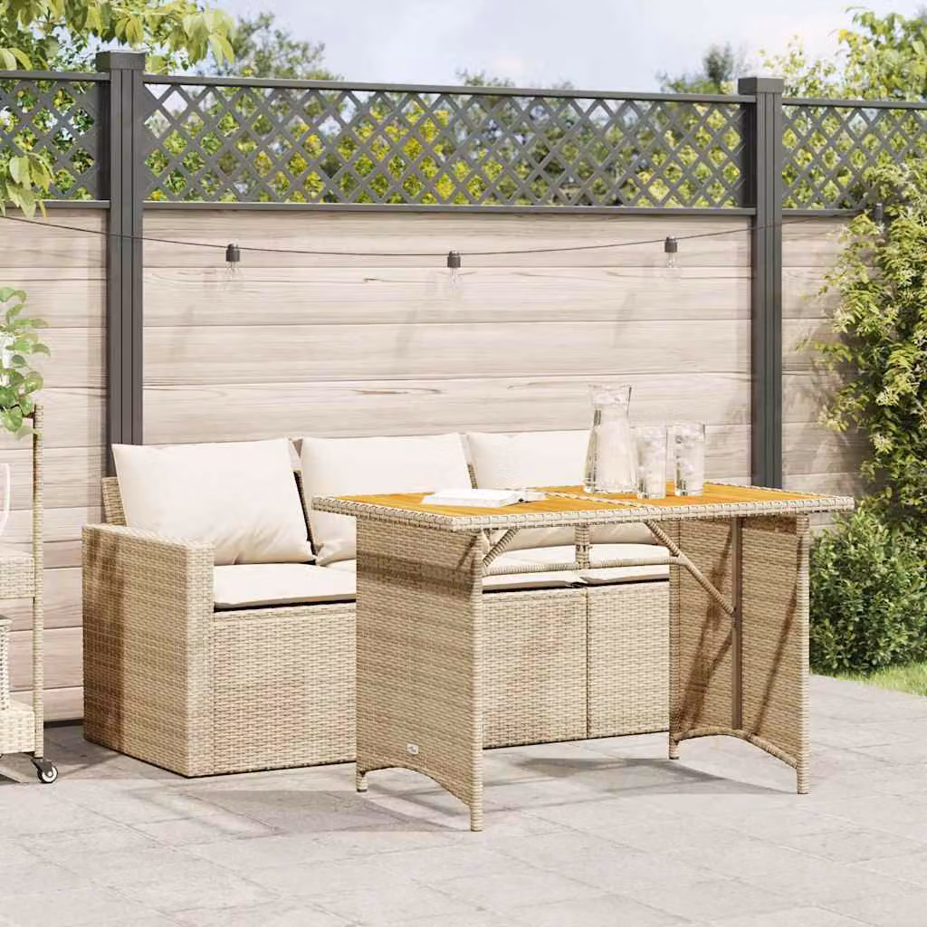 Set da pranzo da giardino vidaXL in polyrattan e legno di acacia con cuscini beige e bianchi