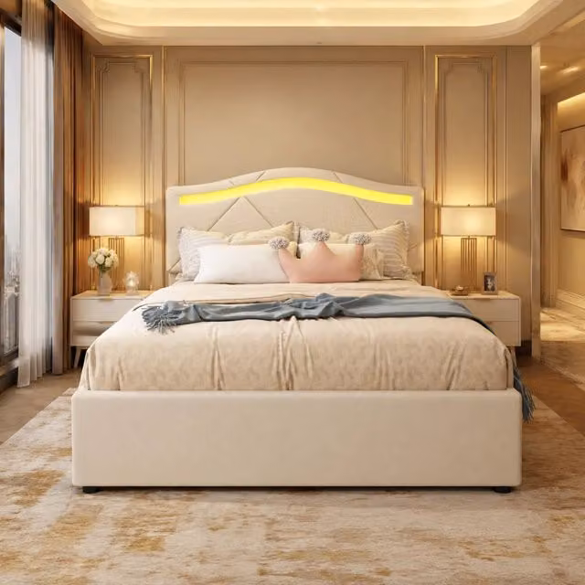Letto Mivray con cassetti e illuminazione LED integrata, rivestimento in lino beige e testiera regolabile, L/P/H: 90 x 200 x 104 cm