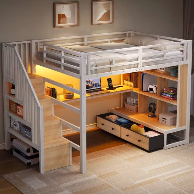 Letto rialzato 140x200 cm in MDF e metallo con scrivania; scaffali; cassetti; scala e LED; bianco