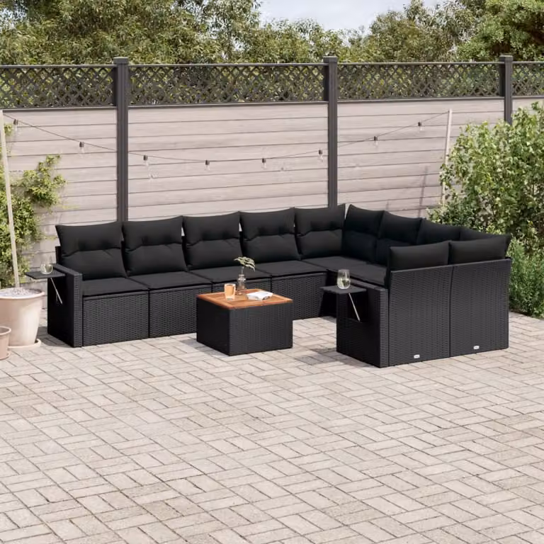 Set di divani da giardino vidaXL in polyrattan nero con cuscini e tavolino da esterno