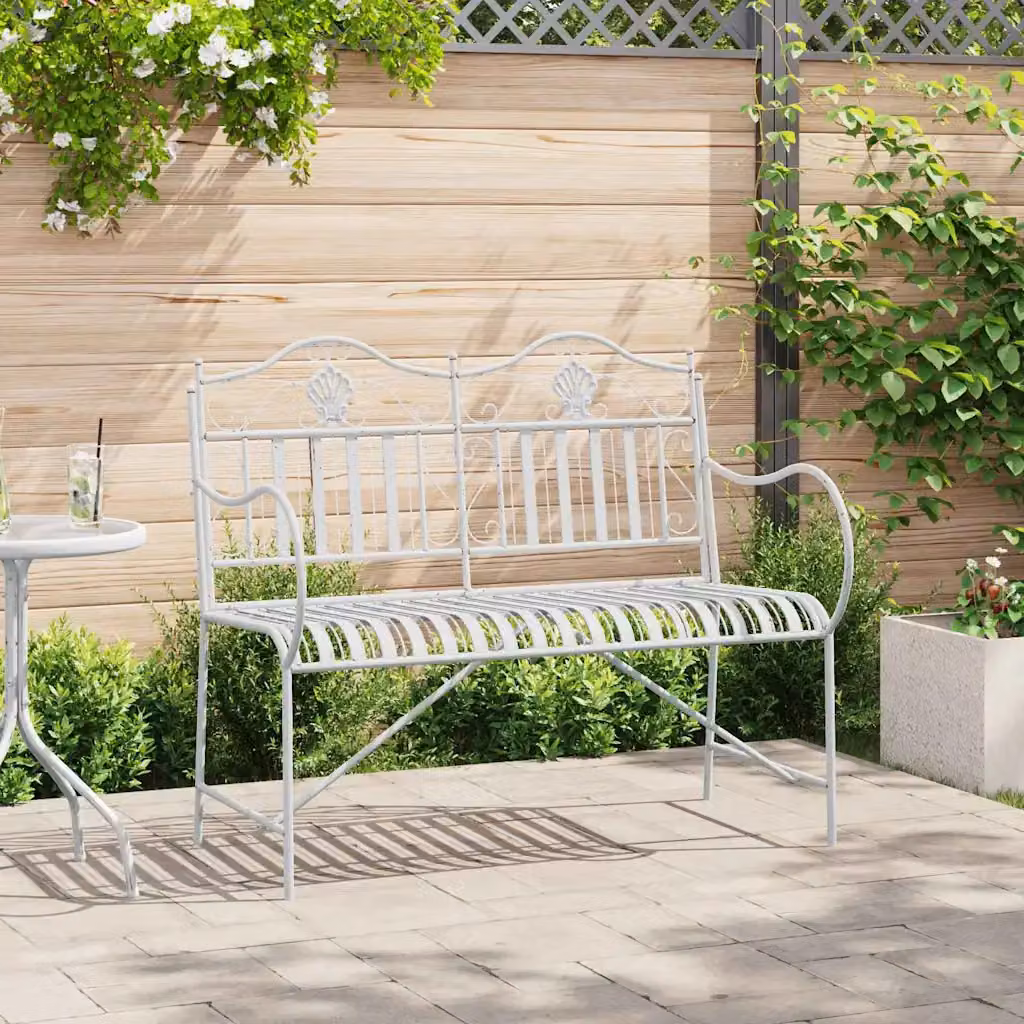 Panchina da giardino a 2 posti vidaXL in acciaio verniciato bianco con braccioli, L: 103,5 cm, P: 59 cm, H: 89 cm
