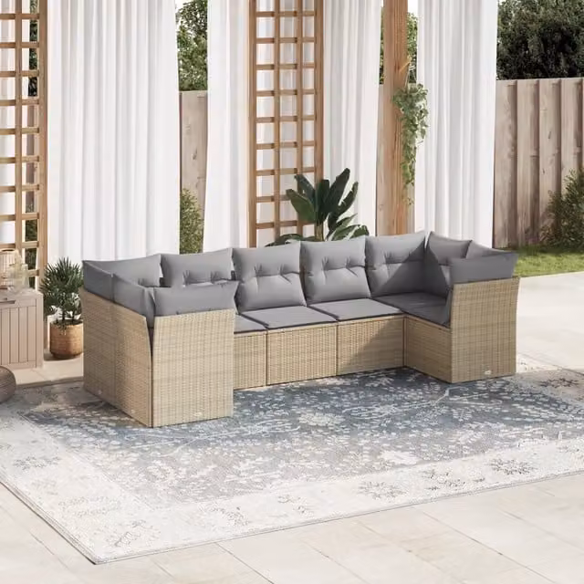 vidaXL Set Divani da Giardino 7 pz a L in Polyrattan con Cuscini Beige e Grigio – 1