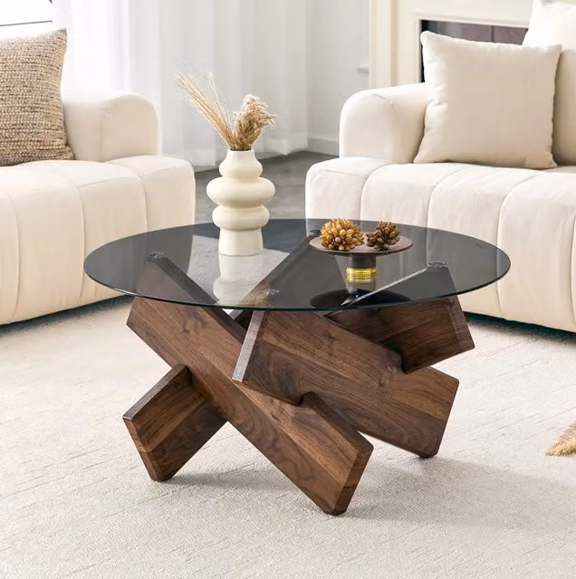 Tavolino da salotto rotondo ULEVR con piano in vetro temperato e base geometrica in MDF, noce