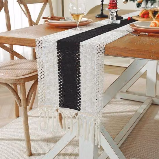 Set in cotone e tela bicolore ricamati a mano - Tovaglia neutra 30x220 cm in stile boho - Decorazione rustica fatta a mano - Ideale per l'allestimento della tavola, matrimoni, feste e decorazioni per tavoli da ricevimento