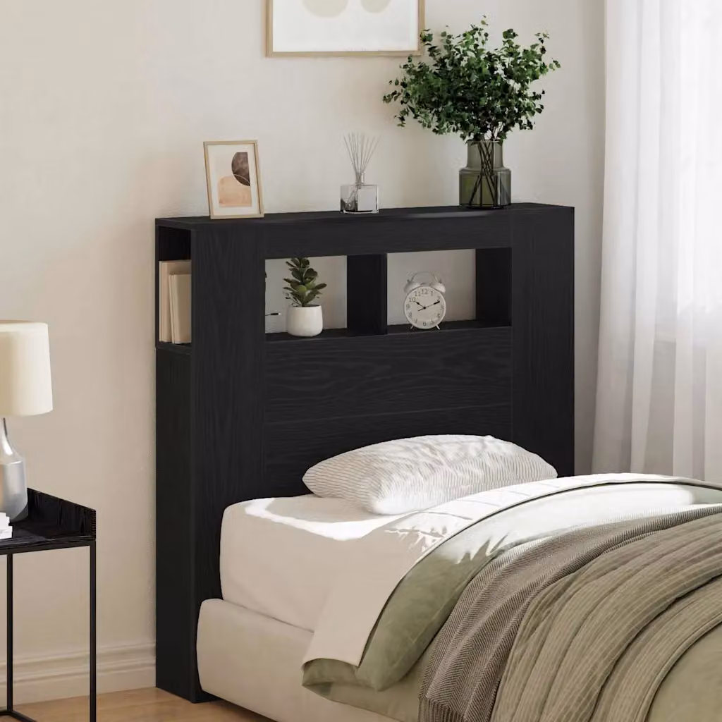 Testiera per letto vidaXL con illuminazione LED, mensola integrata e porta di ricarica USB, Rovere e Nero, L: 100 cm, H: 103,5 cm, P: 18,5 cm