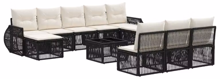 Set Divano da Giardino 11 pcs Nero e Bianco Crema polyrattan