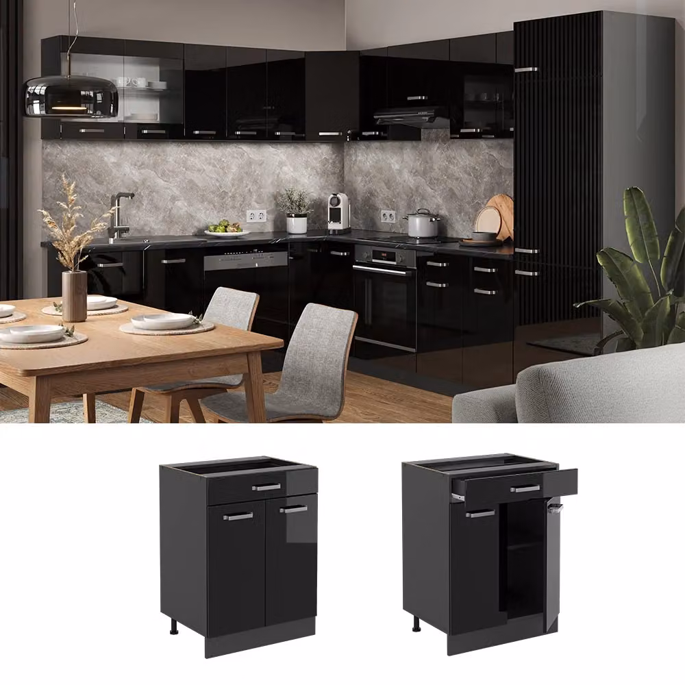 Mobiletto base per cucina Vicco R-Line Nero lucido/Antracite con cassetti interni, L: 60 cm – 2