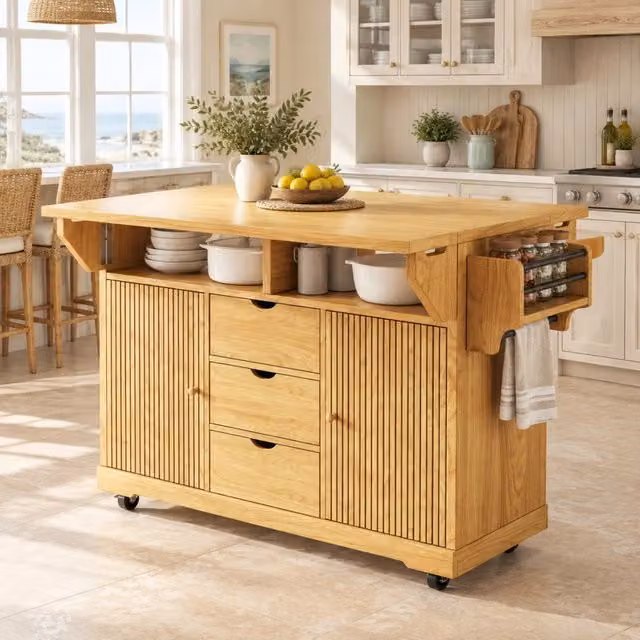 Isola da cucina mobile con piani ribaltabili, 3 cassetti, marrone